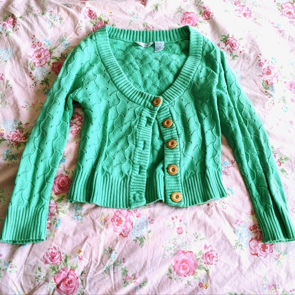Ezekiel Sweaters - Vintage green knit cropped fitted cardigan by Ezekiel